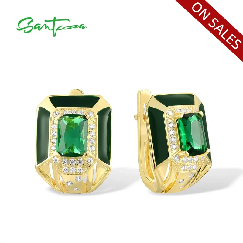 SANTUZZA Genuine 925 Sterling Silver Earrings For Women Sparkling Green Stones White CZ Gorgeous Fine Jewelry Handmade Enamel