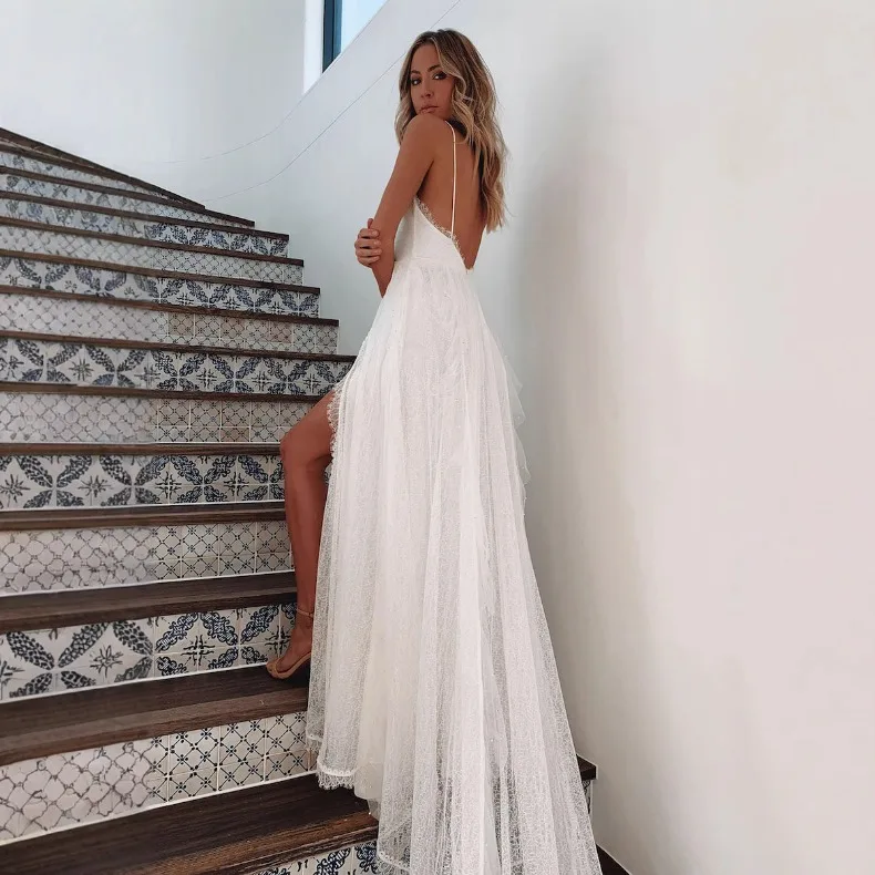 Weißes Netz-Spitzenkleid mit V-Ausschnitt und Rückenfreiem Design, Elegantes und Sexy Kleid für Geburtstagsfeiern, Hochzeiten und Abendessen. – Detail 2