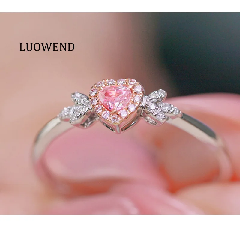 LUOWEND 100% 18K White Gold Rings Romantic Gentle Style Real Natural Pink Diamond Engagement Ring for Women High Wedding Jewelry