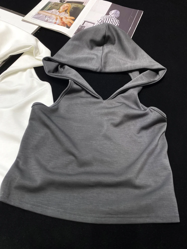 [YOZOU] Solid Hooded Backless Crop canotta senza maniche t-shirt donna bianco nero grigio marrone Rave outfit stile coreano