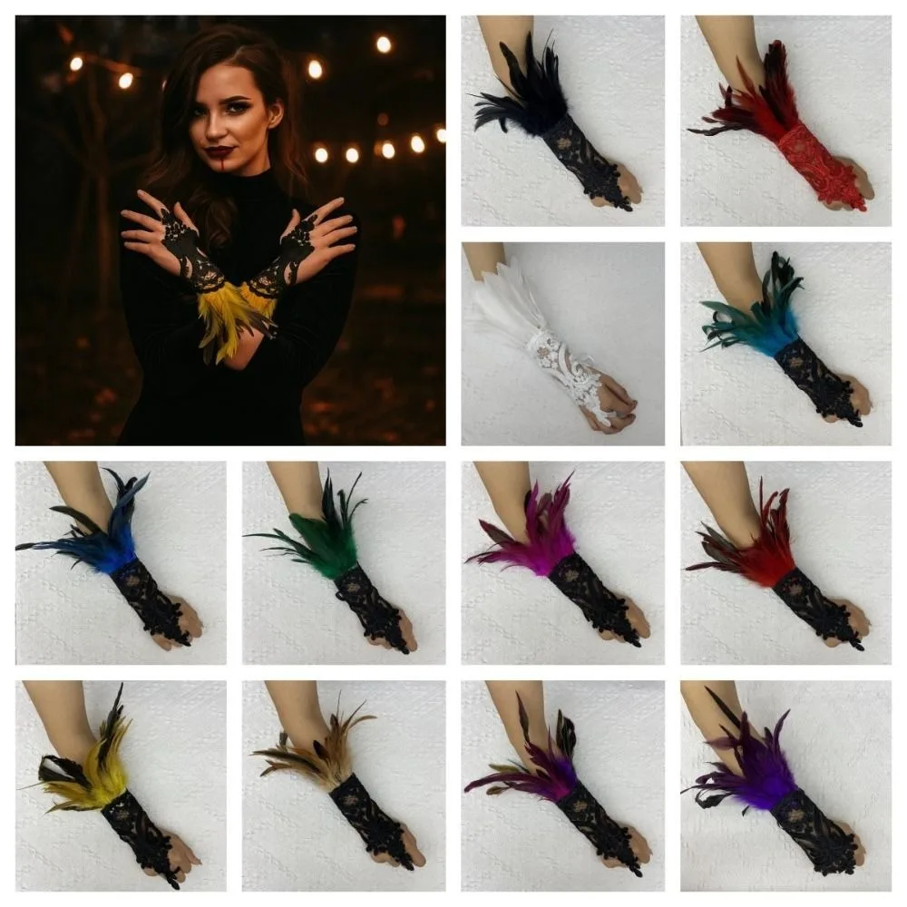 Wristband Halloween Feather Gloves Embroidery Gothic Feather Lace Glove Dark Retro Women Halloween Cuffs Wrist Accessories