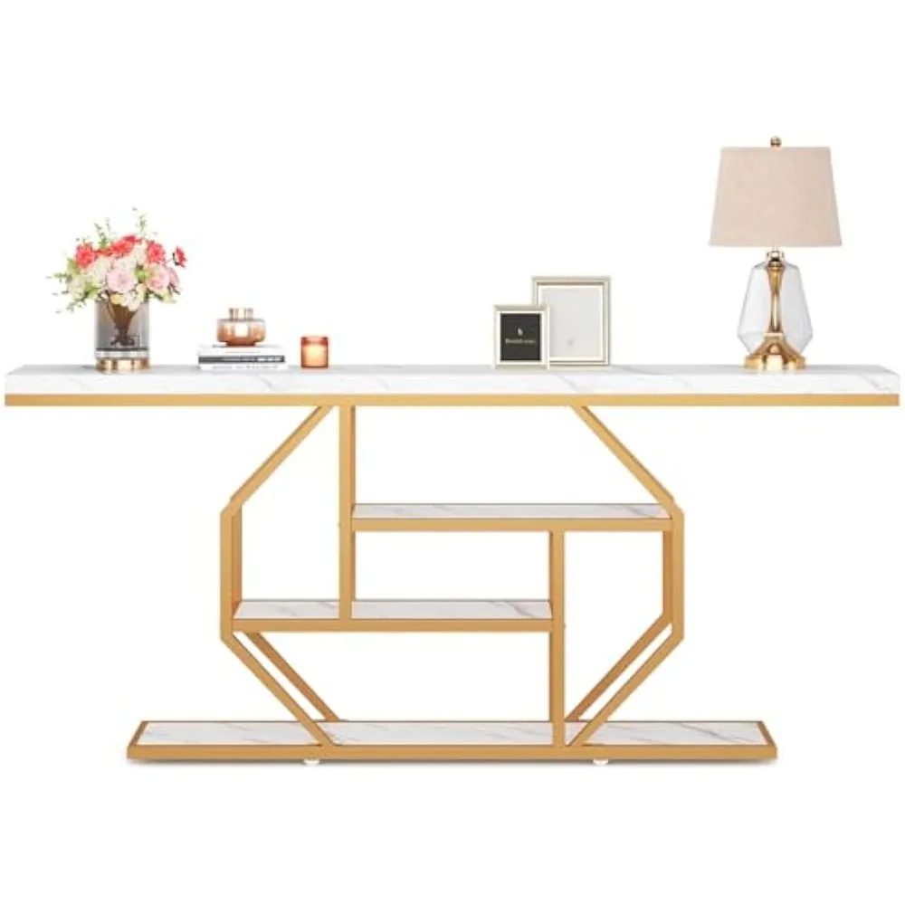 

70.9" extra long console table, 4-tier modern gold entryway table with open shelves, sofa table for living room, hallway, entra