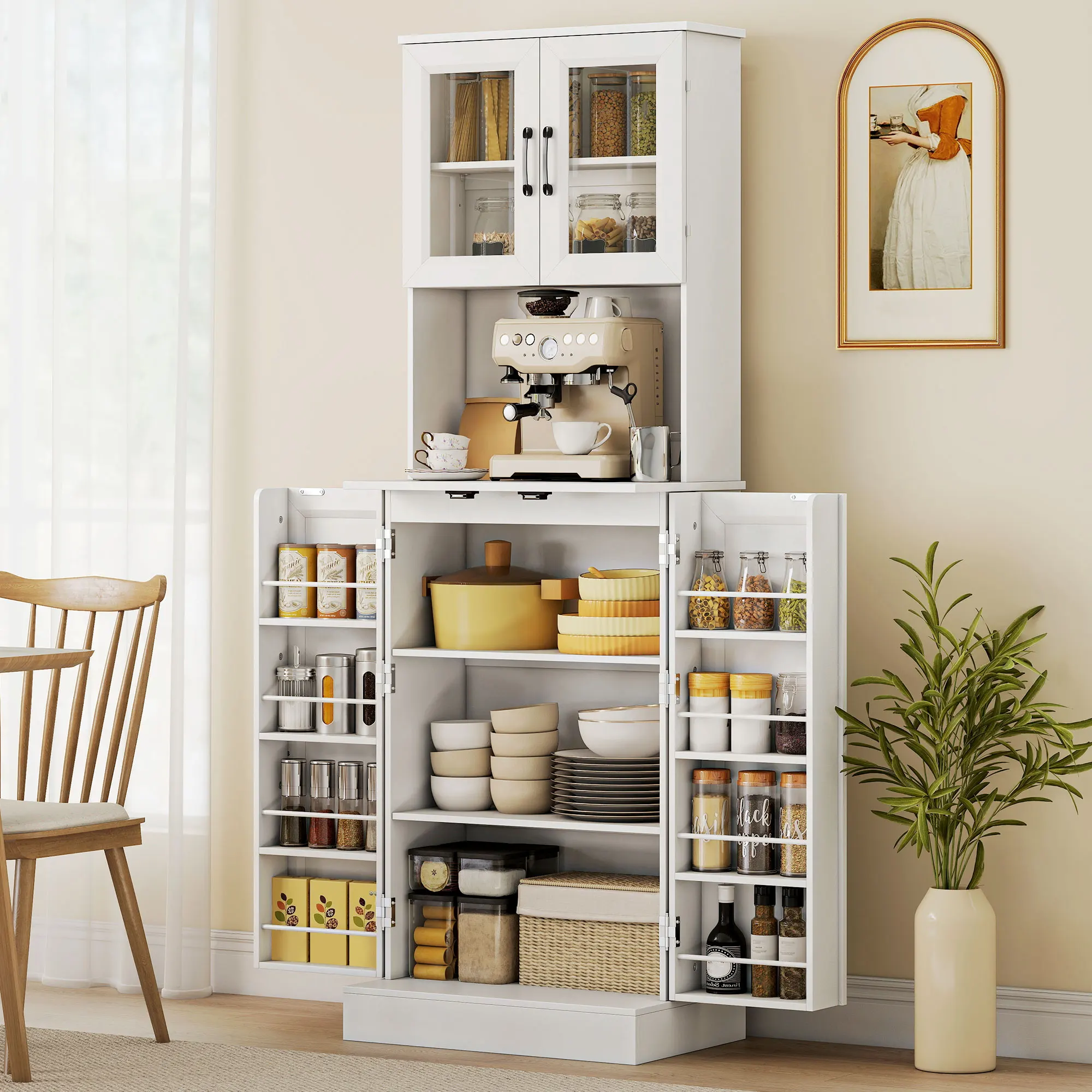 HOMCOM Küchenschrank Buffetschrank mit 4 Türen, Arbeitsplatte Hochschrank mit Verstellbaren Einlegeböden, 8 Türregalen, Kabelloch Moderner Vorratsschrank für Wohnzimmer, Küche 60 x 39,5 x 180 cm, Weiß