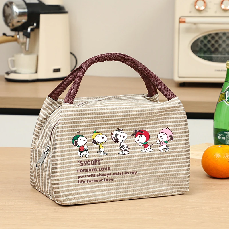 SNOOPY Stripes Insulated Portable Lunch Bags Women Pack Aluminum Foil Rice Bag Meal Pack Tote Pack Student Bento Lunch Handbag