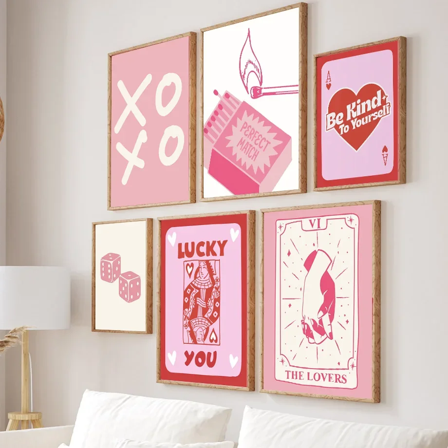 1 pieza sin marco, póster y estampado en colores pastel, arte de pared bohemio, decoración para el hogar y sala de estar, arte Y2K, arte Pop, arte de dados de corazón de Reina de Póker de la Suerte Rosa C
