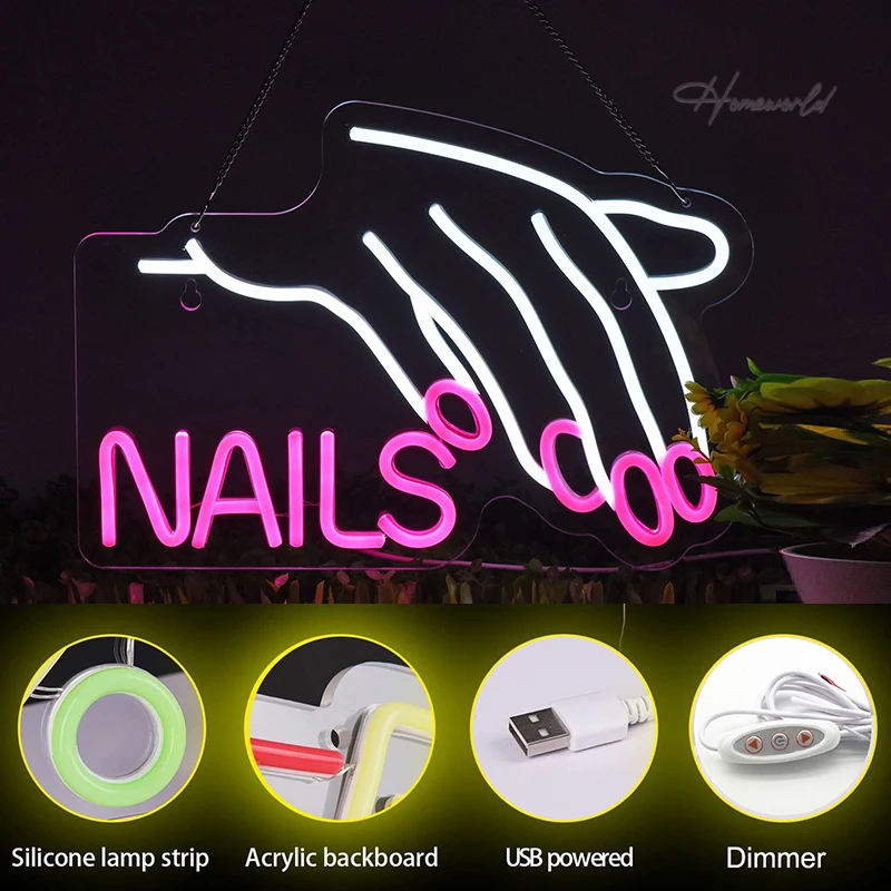 Nails Neon Sign Custom LED Lights Finger Shape Neon Decoration Lamp Wall Hanging Room Shop Party USB plug Dimmerable Gift