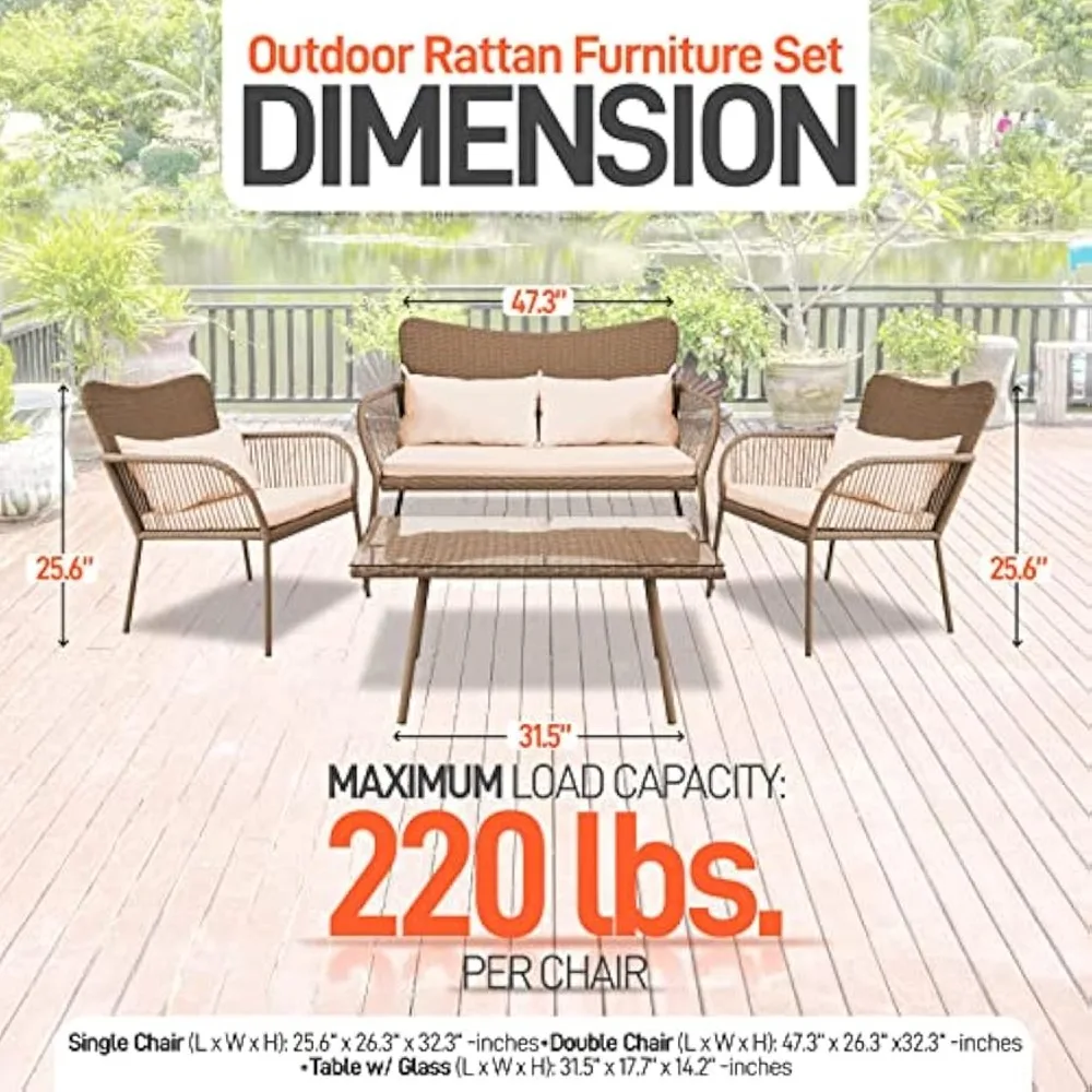 4 Piece Conversation/Chat Set, Outdoor Living Rattan Furniture, Includes 1 Double & 2 Single Chairs with Cushion