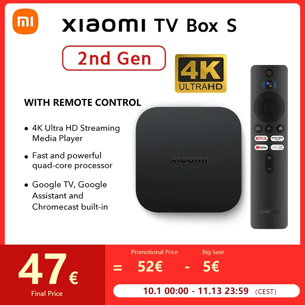 Xiaomi Mi TV Box S 2nd Gen Global Version Smart TV Box Media Player 4K Ultra HD BT5.2 2GB 8GB Android Google TV Google Assistant