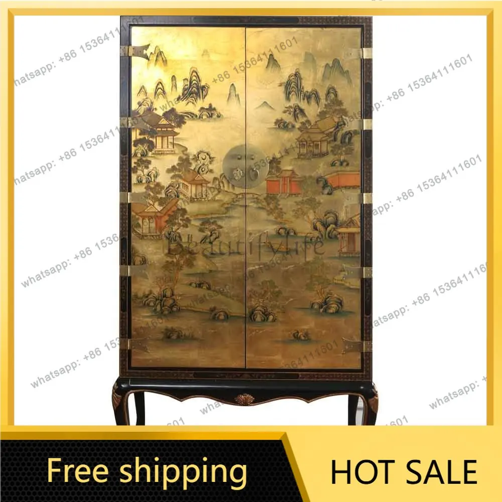 LD new Chinese classical solid wood antique gold foil hand-painted wardrobe painted furniture bedroom storage cabinet