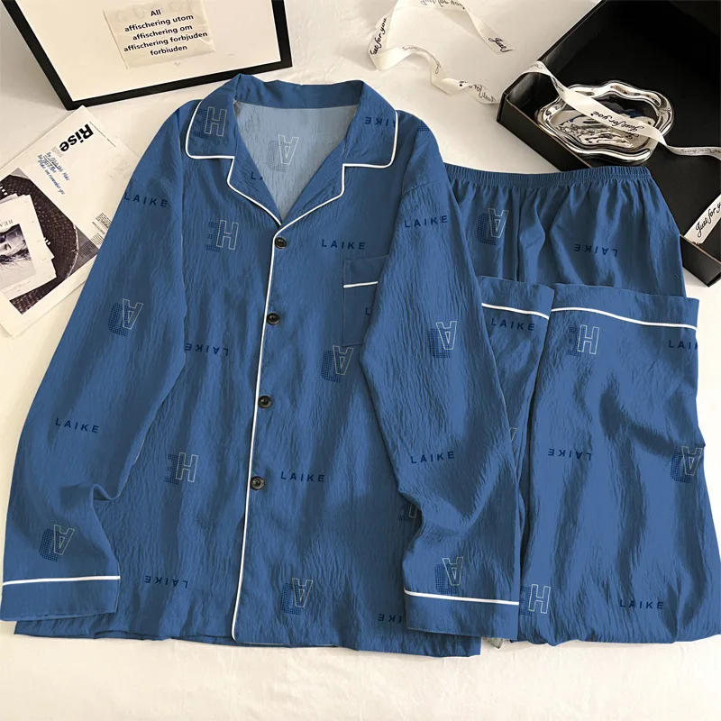 新しいファッショナブルなメンズ春/秋ヴィンテージミニマリストクラウドプリントコットンパジャマホームウェアセット、長袖とズボン付き