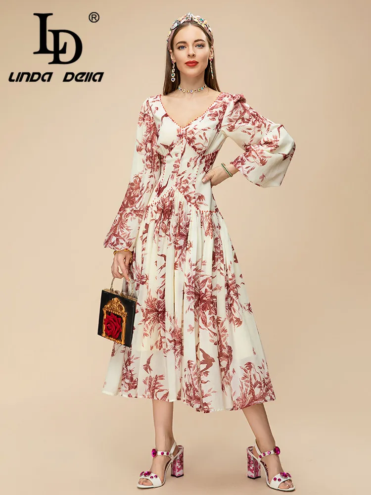 Imagem -04 - Linda Della-vestido Vintage para Mulheres Vestido Longo com Decote em v e Beading Estampa de Cintura Alta Novo Estilo 2023 ld