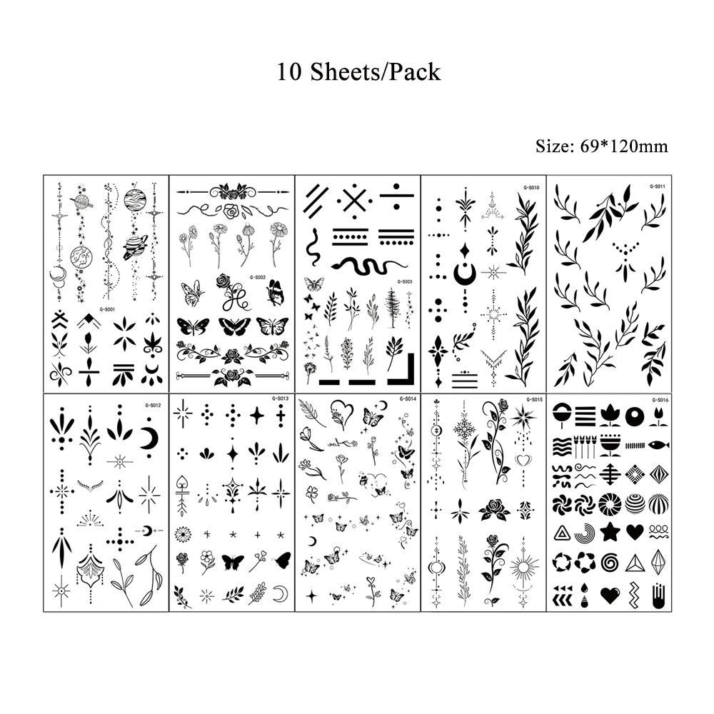 10 أوراق الوشم المؤقت اليد فنجر الوشم للنساء الرجال صغيرة لطيف الزهور فراشة يترك نجوم القمر القلب ملصقات صغيرة