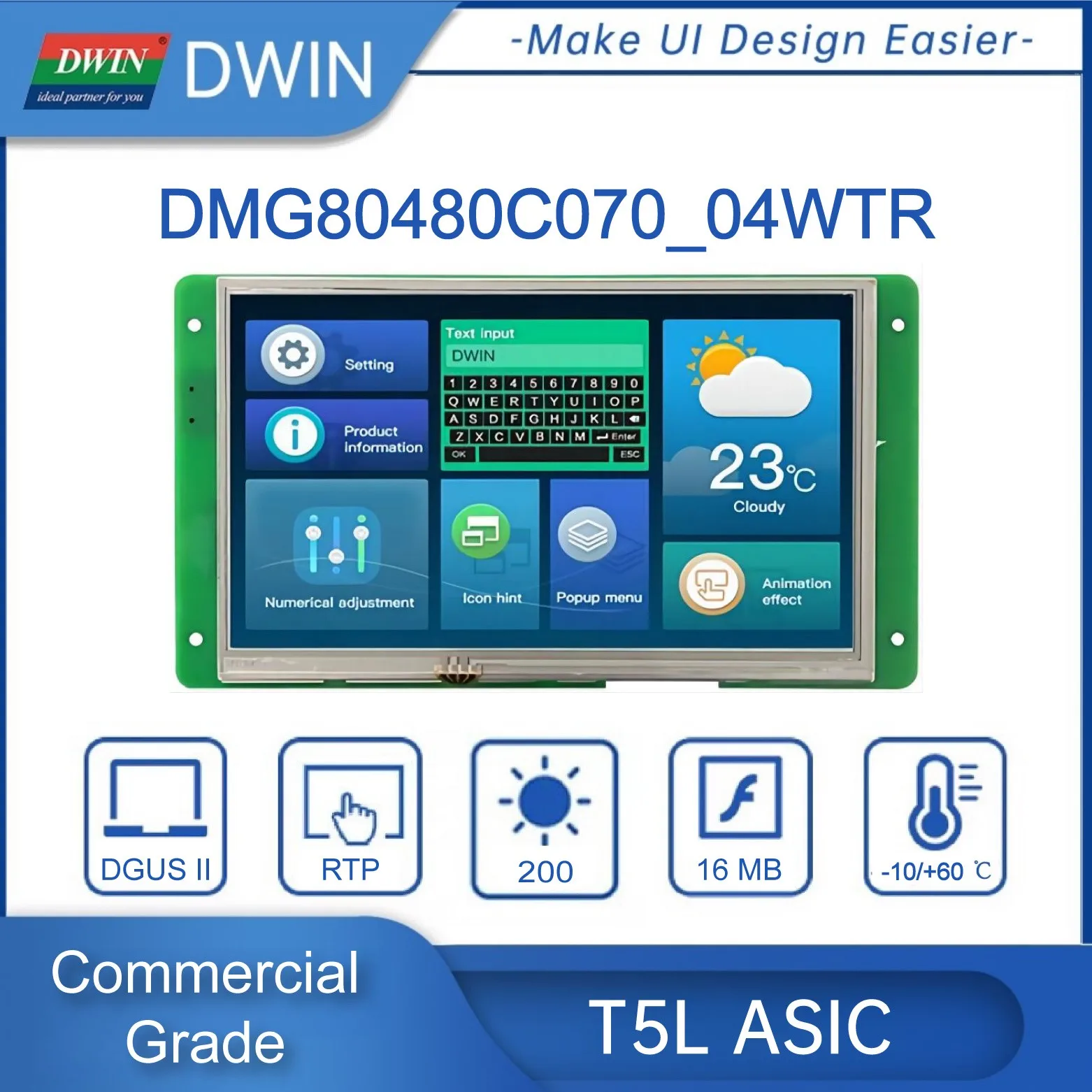 DWIN 7 Inch 800*480 TFT LCD Display Module Capacitive/Resistive TTL/RS232 Commercial Smart Screen For Arduino DMG80480C070_04W