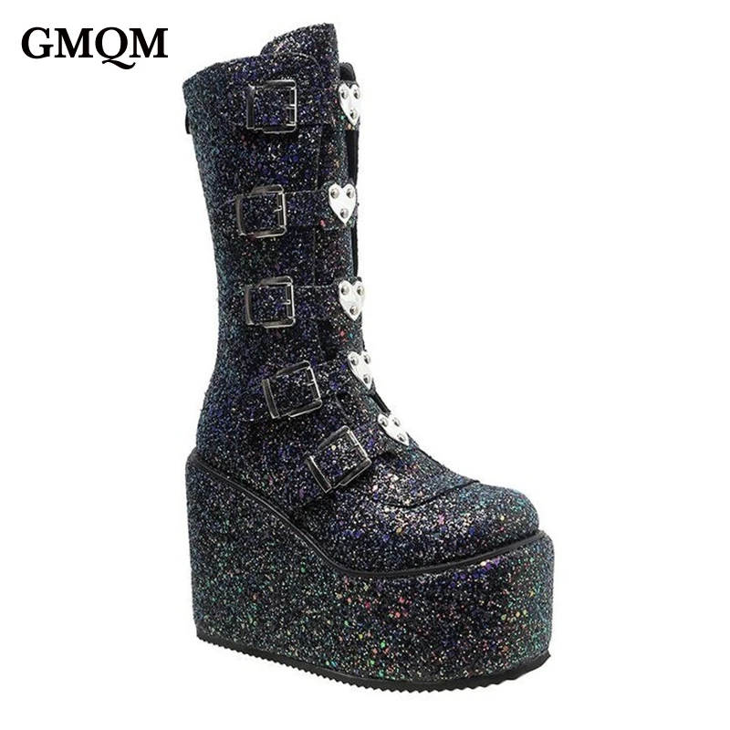 GMQM Platform Fashion Women‘s Shinny Mid-Calf Boots Glitter Thick Sole Boots Wedges Heel Lace-Up High Heels Gothic Punk Style