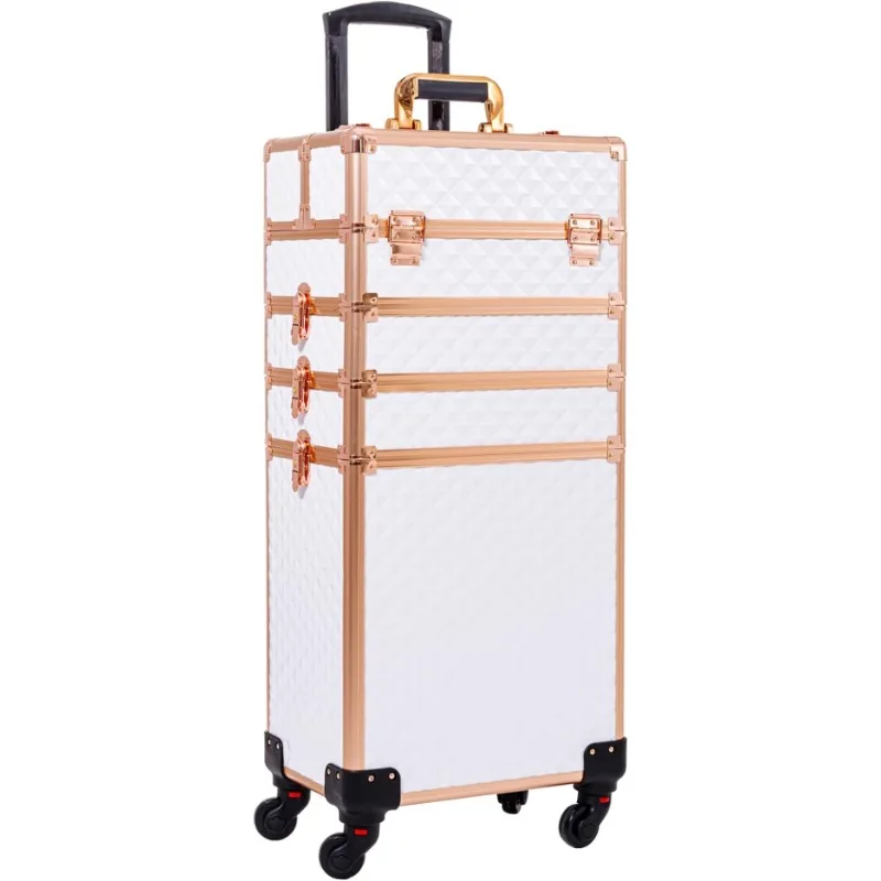 

4 in 1 Large Capacity Trolley Makeup Travel Case with Key Swivel Wheels Salon Barber Case Traveling Cart Trunk, Makeup Organizer