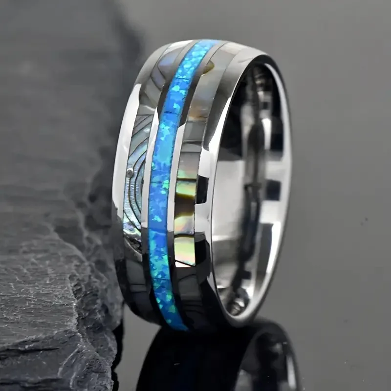 Stainless Steel Carbide Inlaid Shells Blue Opal Men 8MM Rings Never Fade Engagement Ring Men's Jewelry Band