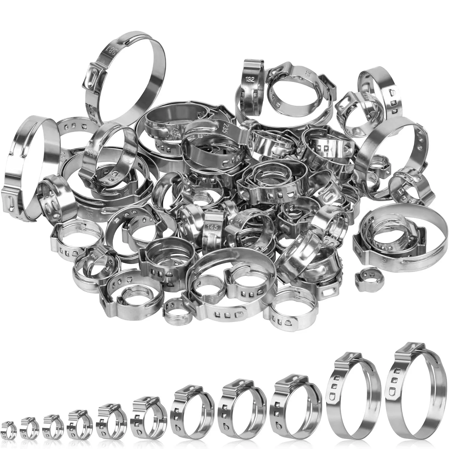 100PCS 9.5mm 10.5mm 15.3mm Cinch Clamps 304 Stainless Steel Single Ear Hose Clamp Ring Pinch Clamps Tubing Pipe Clamp Fitting