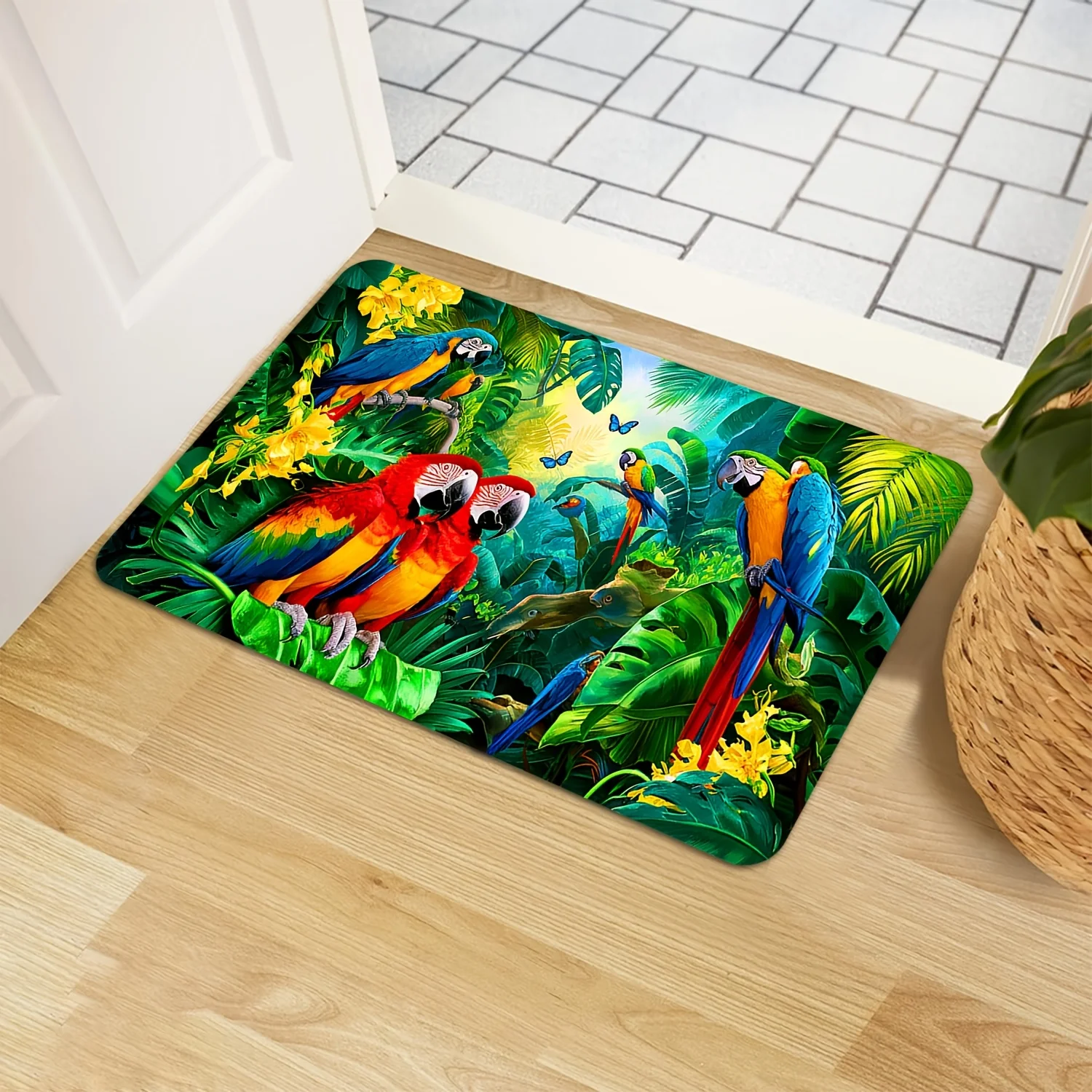 Tropical Parrot Jungle Doormat, Colorful Macaw Bird Rug, Rainforest Leaves Floor Mat, Non-Slip Entryway Carpet Nature Home Decor