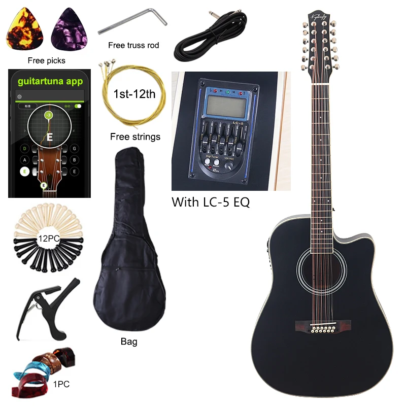 

12-струнная электрическая акустическая гитара, 41 дюйм, матовая народная гитара с вырезом из липы и эквалайзером, высокое качество, черный, красный и белый