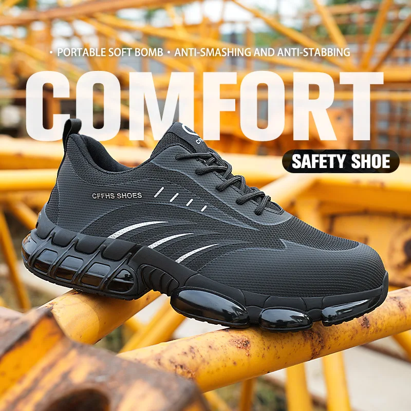 Schwarze Sicherheitsschuhe mit Stahlkappe, leichte Arbeitsschuhe für Damen und Herren, industrielle Sicherheitsstiefel, rutschfeste Arbeitsschuhe_voghion.com