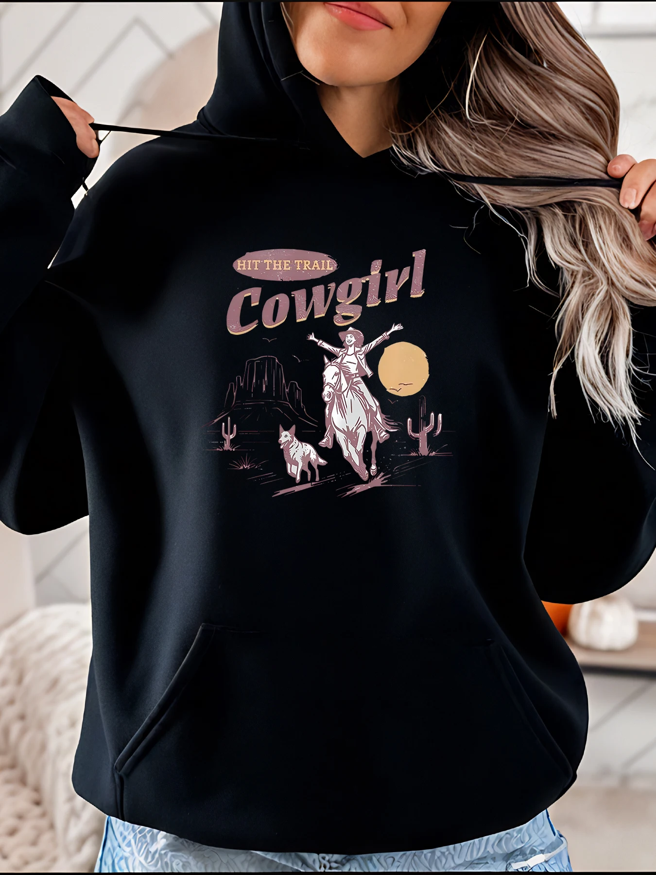 

Cowgirl Hoodie Hit The Trail Western Print Women's Casual Sweatshirt Outdoor Adventure Style for Women
