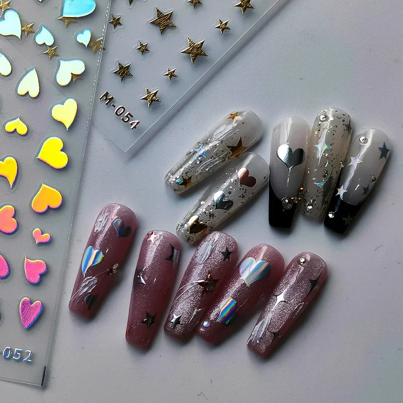 1sheet Lovely Heart Nail Sticker Adhesive Cross Star Stickers Decals Metal Effect Rose Gold Laser Silver Decoration Sticker