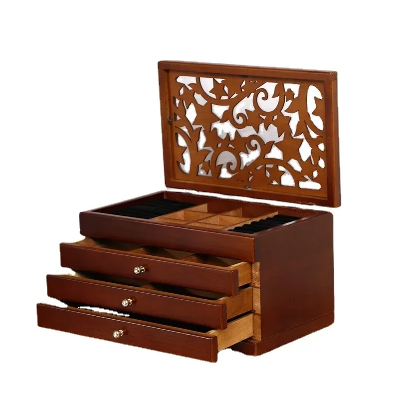 Wood Jewelry Box Velvet Drawer Ring Necklace Earrings Jewelry Boxes Organizer Bangles Display Tray Accessories Separator Storage