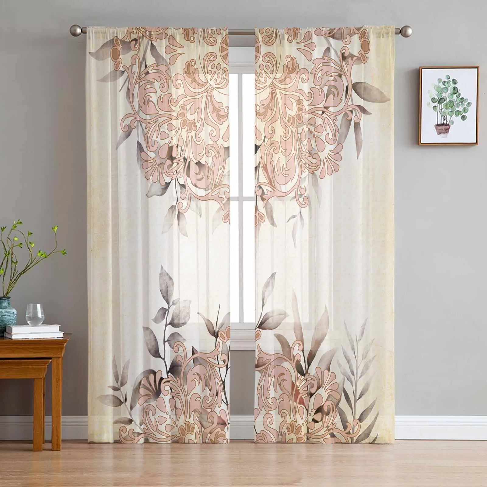 Persian Patterned Watercolor Leaves Tulle Window Curtains for Bedroom Luxury Home Decor Drapes in Living Room Chiffon Panels