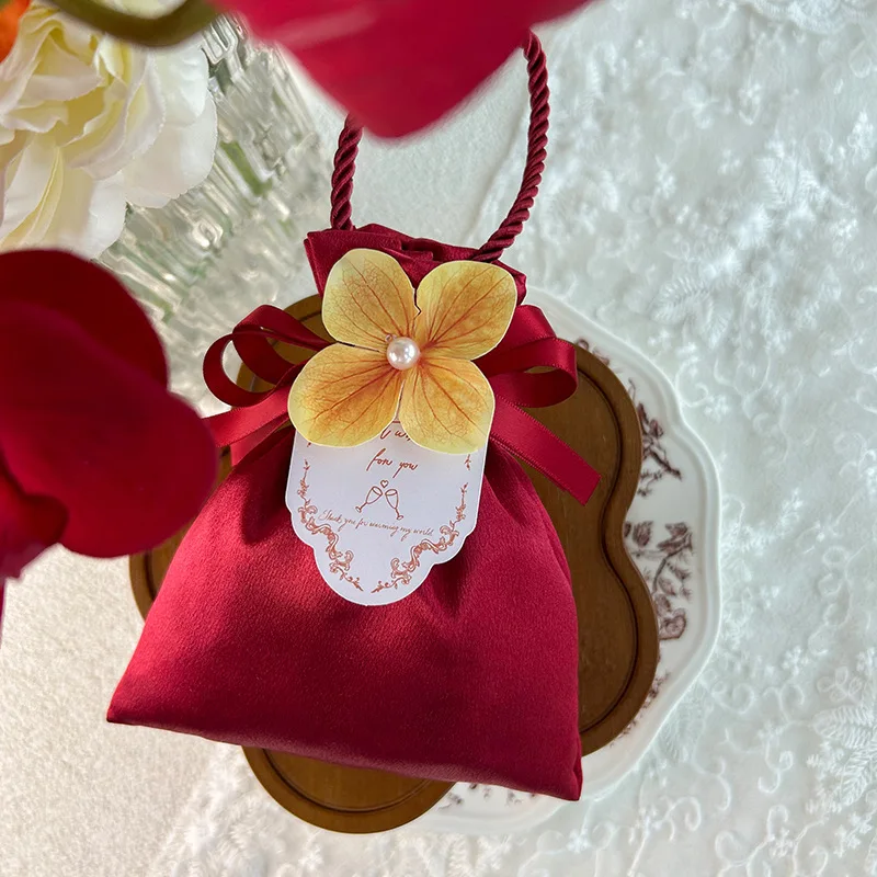 Candy Box Satin Storage Bags Flower Drawstring Bag Silky Wedding Candy Bag For Wedding Gift Packaging Event Decoration