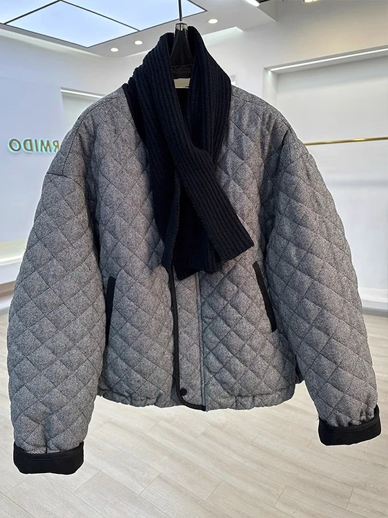 

Korean Style Retro round Neck Quilted Cotton Jacket Women's Autumn Winter Loose Slim Short Cotton Padded Top