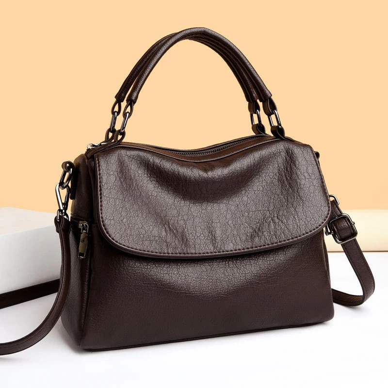 

Мягкая кожаная сумка через плечо большой вместимости, простая и элегантная сумка для мамы, практичная женская сумка с несколькими отделениями.