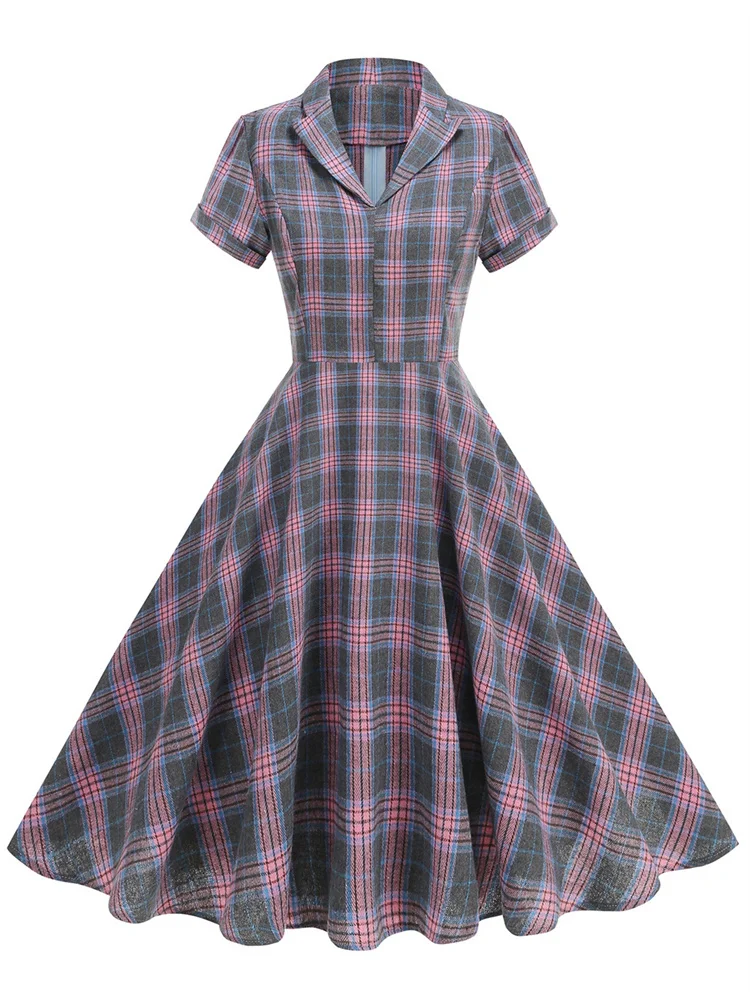 Sukienka midi w stylu angielskim z nadrukiem w kratę, vintage, retro, elegancka, codzienna, z krótkim rękawem, tunika koszulowa, sukienka wieczorowa z wybiegu, jesień 2025.
