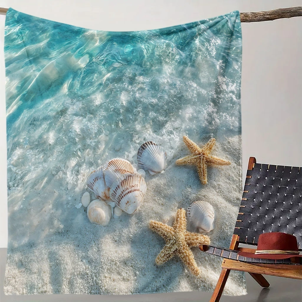 A Cozy Digital Print Blanket Featuring Beach Waves, Shells, And Starfish, Suitable for All Seasons. It'S a Soft And Comfortable
