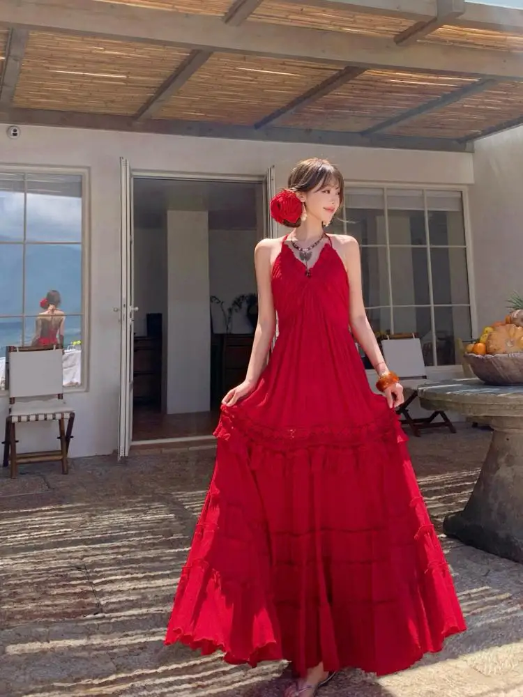 

French Retro Women Red Sexy Sleeveless Pleated Halter Lace-up Long Dress Summer Backless Ruffle Edge Vacation Party Dresses Chic