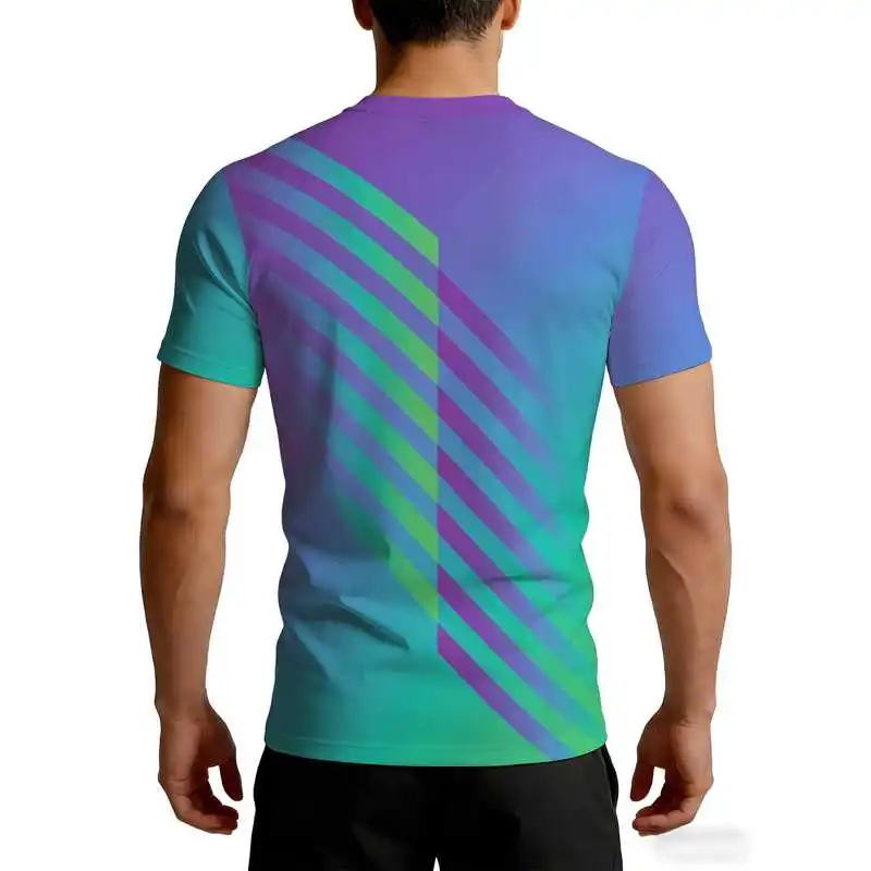 Men's Quick Dry Fitness T Shirt Iridescent Diagonal Stripe Gradient Three Color Blue Purple Cyan High Elastic Round Neck Short