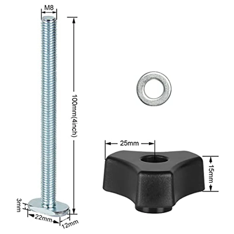 Kit de perilla de pernos de pista M8 T, pernos de ranura en T de 4 pulgadas con arandelas, accesorios de pista en T para plantillas de carpintería, 5 paquetes