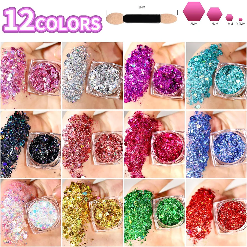 12 Colors Face Glitter Makeup Body Glitter Gel Holographic Sequins Makeup Glitter Gel for Bar Festival Party