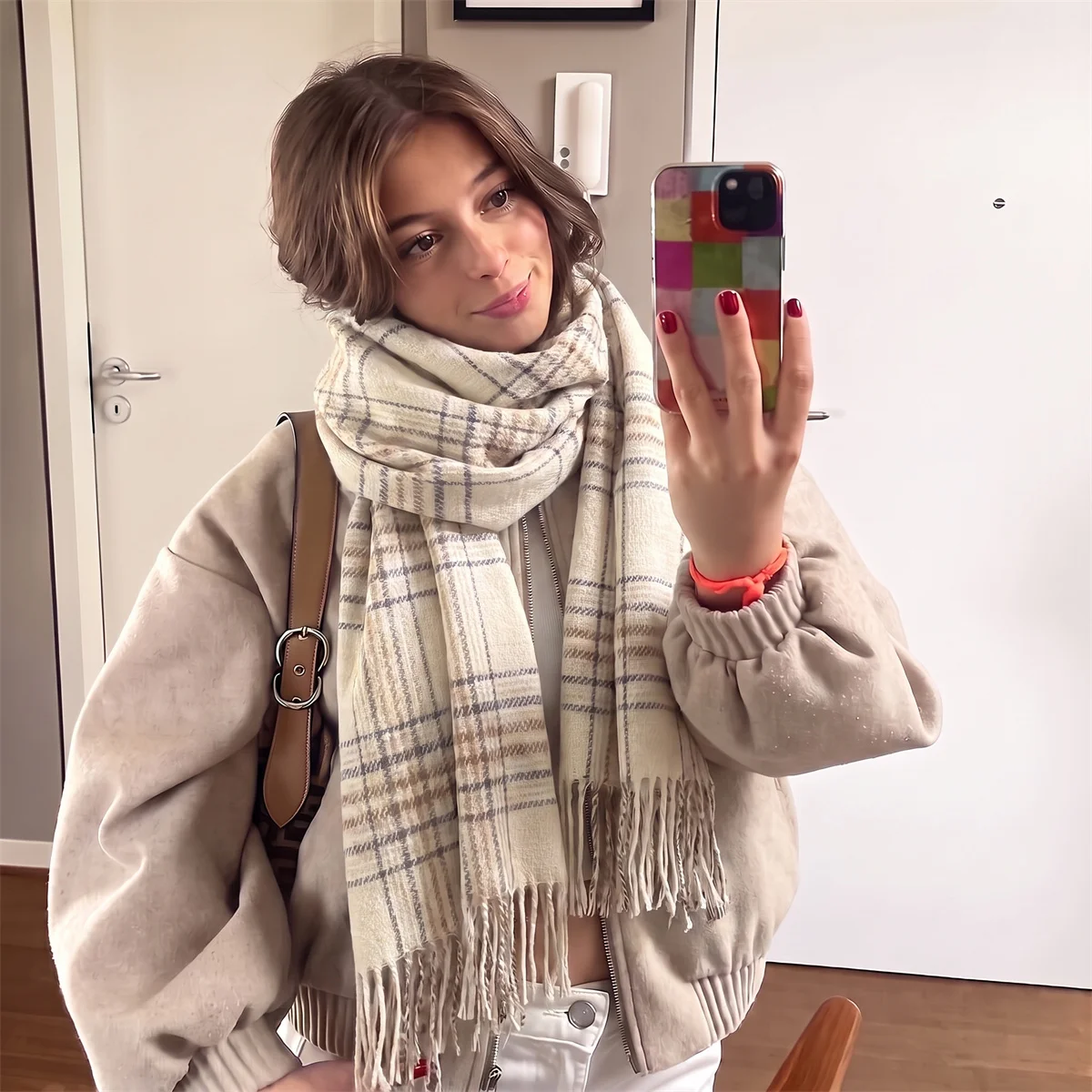 British Retro Houndstooth Plaid Scarf for Women Soft Faux Cashmere Warm Tassel Shawl Autumn Winter Daily Street Scarves Outfits