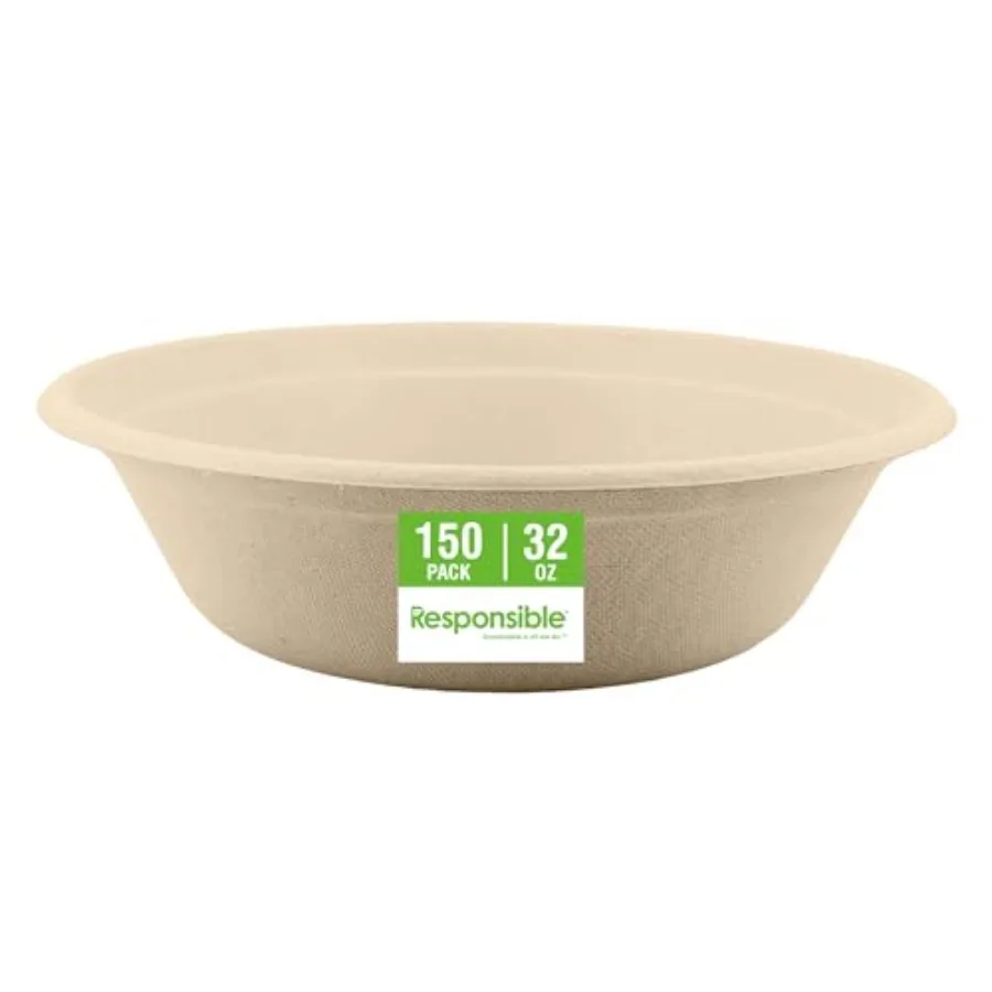 Molded Fiber Bowls, Tree-Less™ Compostable Molded Fiber Bowls, Extra Strength, Tree-Free and Made Without PFAS,32 oz (150 Count