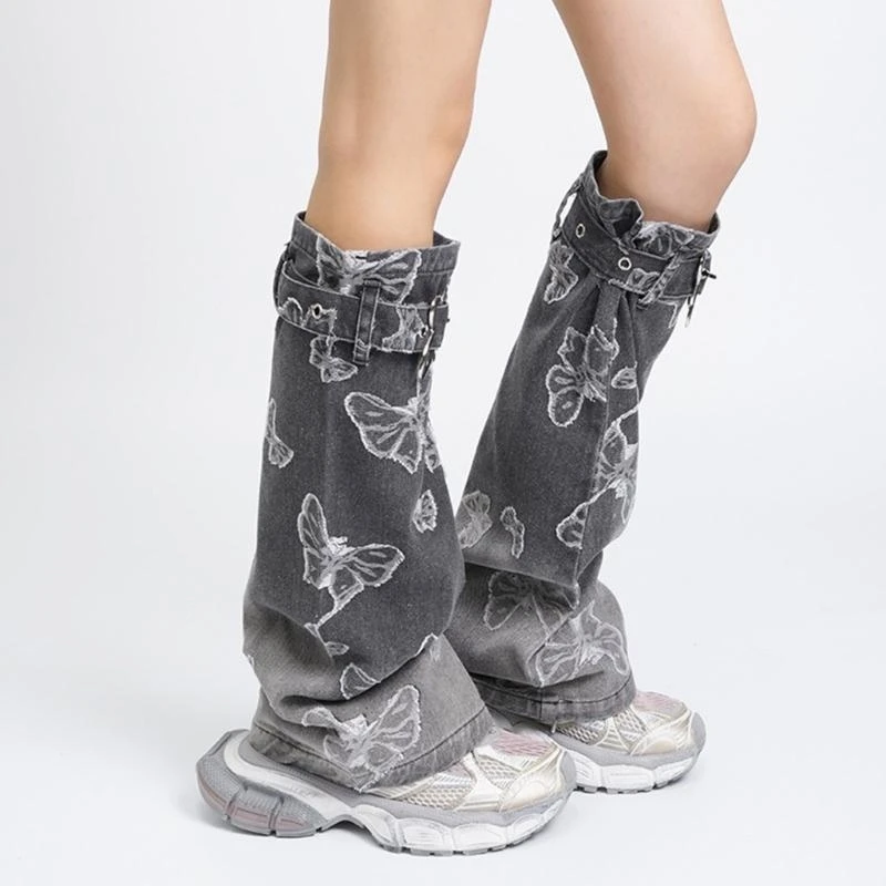 Gradients Denims Leg Warmers for Women Punk Buckled Strap Harajuku Butterfly Jacquard Jeans Boot Cover Socks Streetwear 15UB