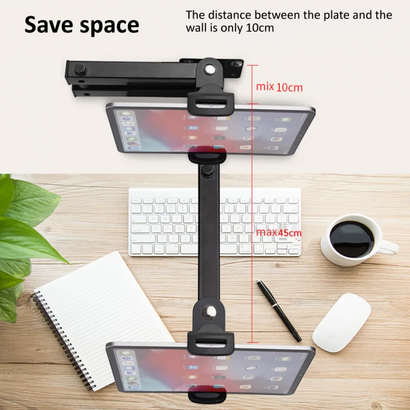 Wall Mount Tablet Stand Adjustable Long Arm Stretchable Cell Phone Wall Holder Metal Wall Ipad Stand for Iphone Ipad 4-13 Inches