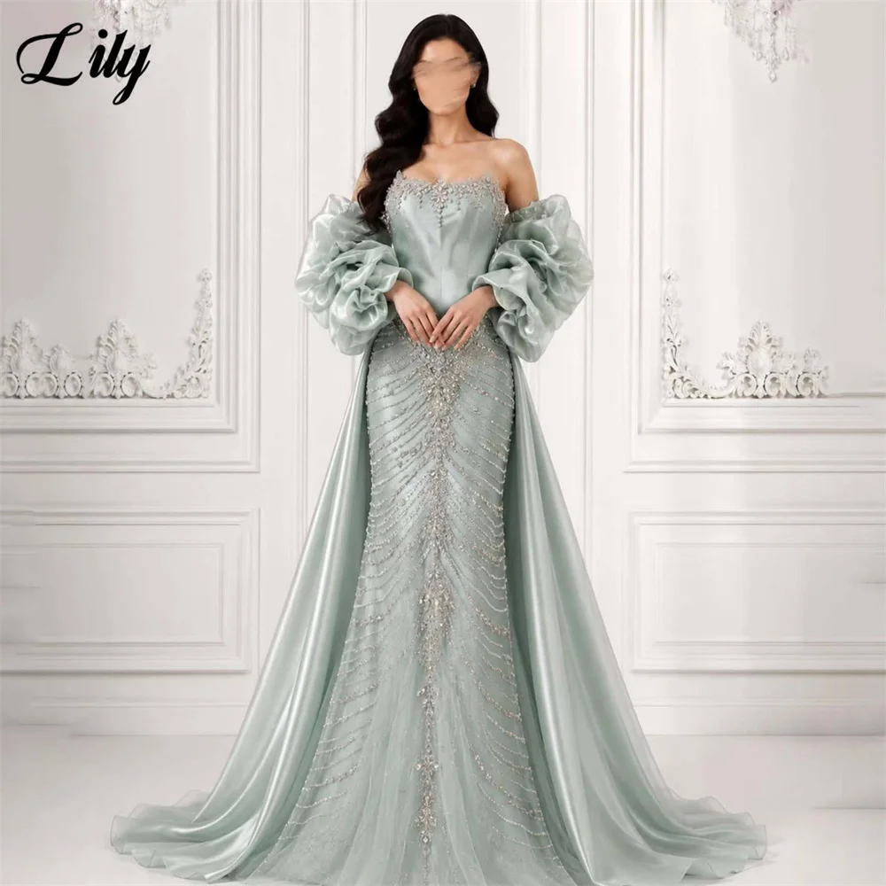 Lily Mint Green Prom Dress Detachable Puff Sleeve Evening Dresses Lace Up Back Party Dress Crystal Robe De Soirée Customized