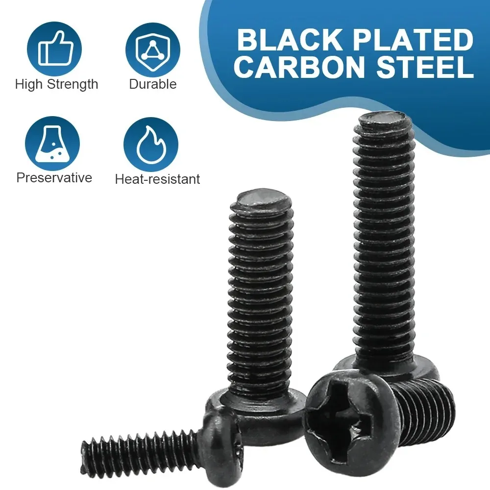 HOWSHENG 10-100pcs Phillips Recessed Round Head Screw Black Plated Cross Pan Machine Screw for Computer M1 M1.2 M1.4 M2 M3 M4 M5