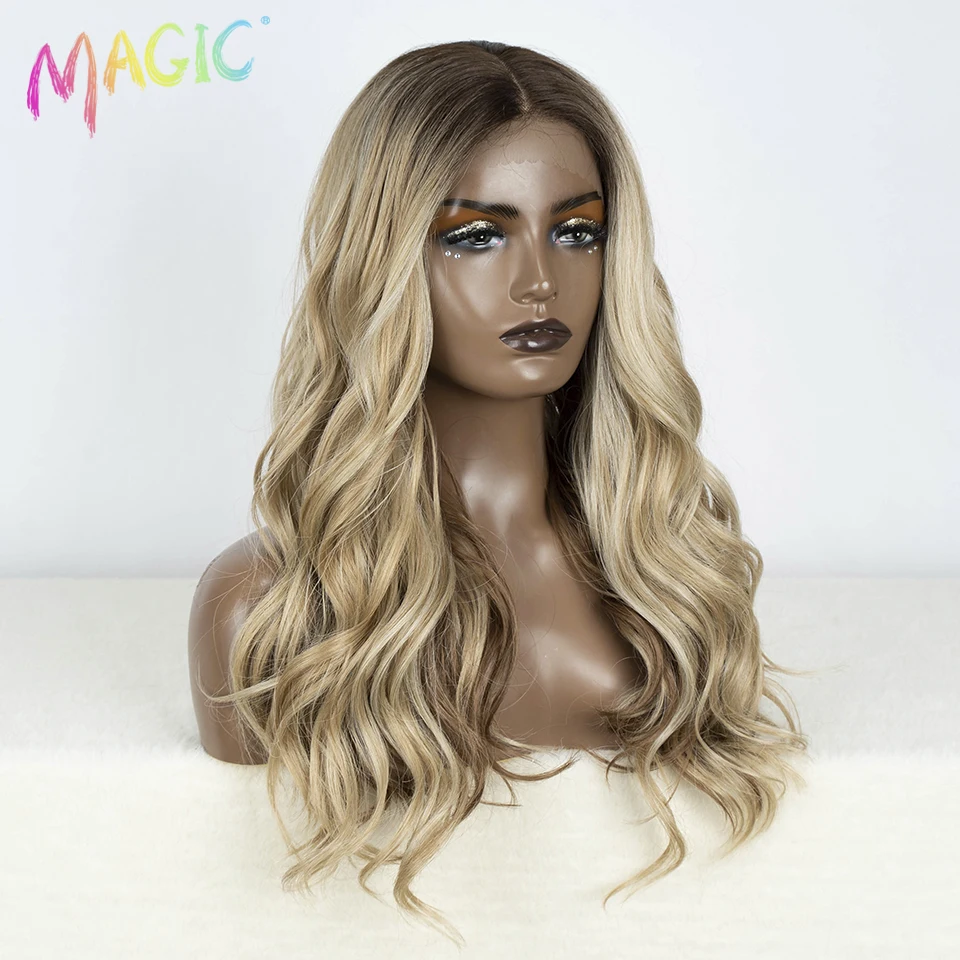 Magic Synthetic Lace Front Wigs For Women 24“ Highlight Honey Brown Body Wave Wig Ombre Blonde Lace Wig Synthetic Cosplay Wig