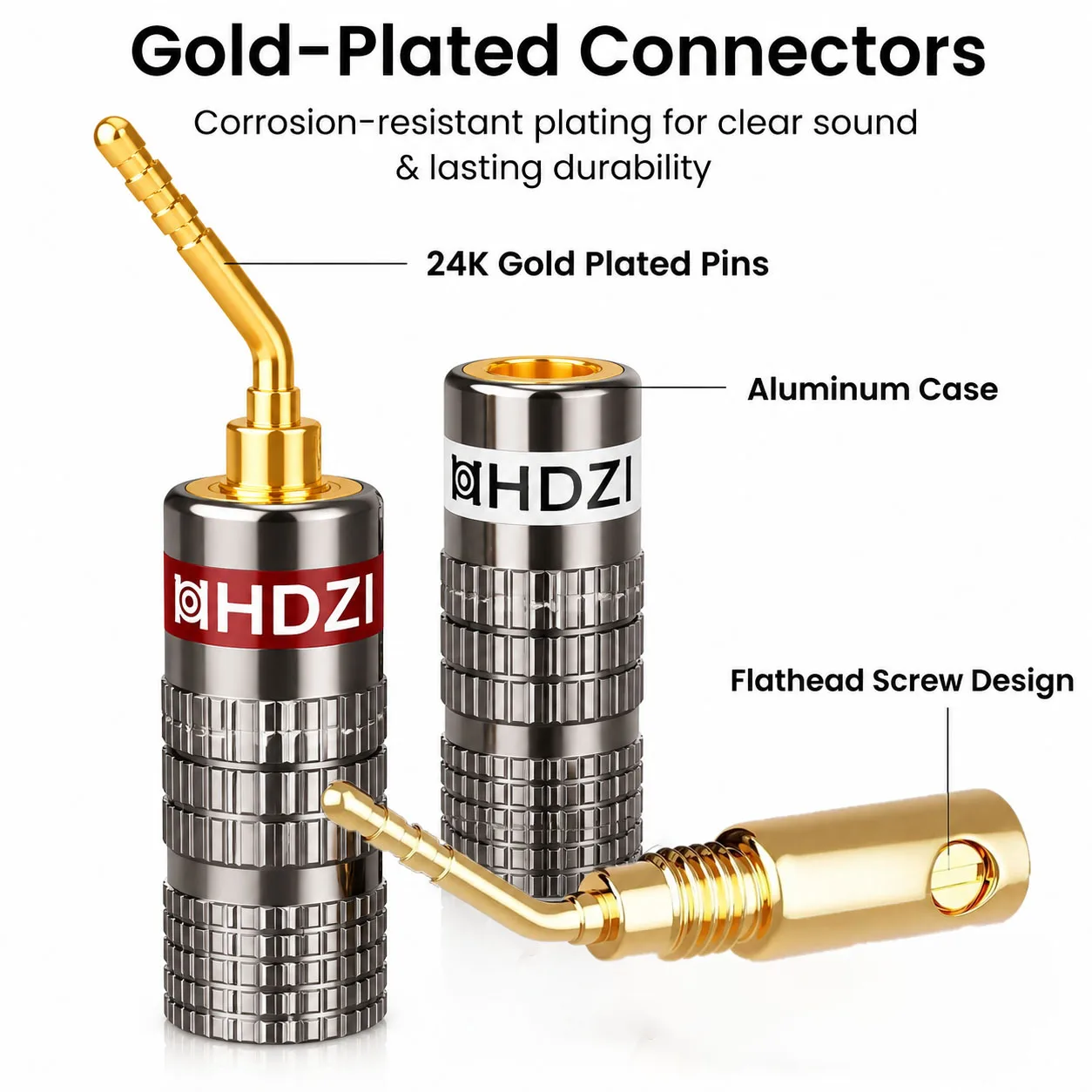 HHDZI Audio Speaker Banana Plug Connector 24K Gold Plated HiFi Speaker Cable Connectors - Dual Screw Fixing - 2mm Bend Pin