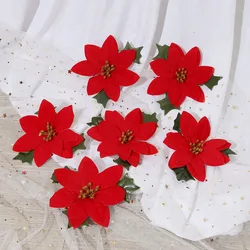 12cm Artificial fake silk poinsettia red flower heads with leaf christmas flowers for diy xmas flower bouquet wall decoration