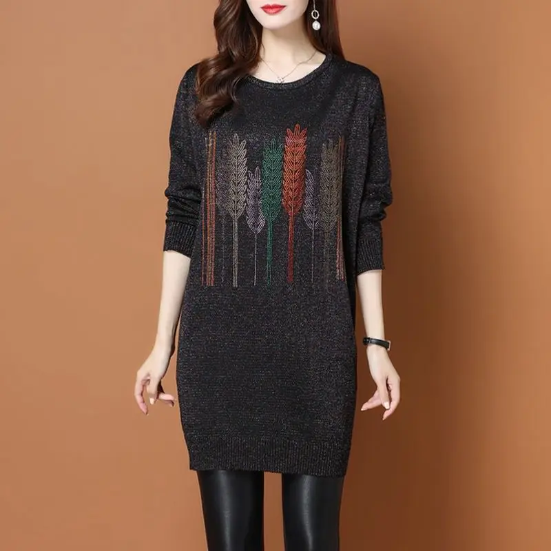 Elegant Fashion Autumn Winter New Knitted Printed Mid-length Sweater Women Pullover Female Casual Comfortable Slim Clothes 2022