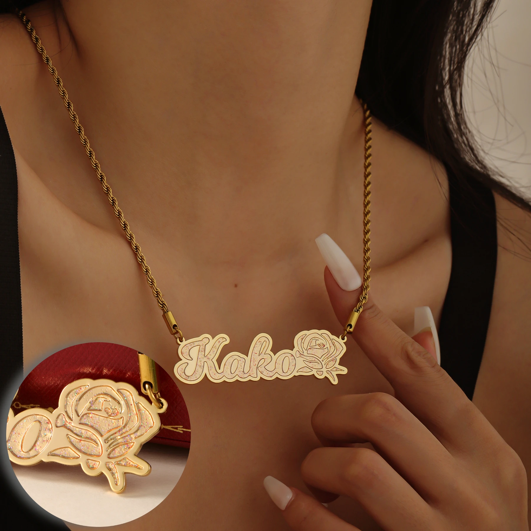 

Custom Glitter Enamel Name Necklace Custom Shine On Pendant Sparkling Personalized Jewelry Gift for Women 18K Gold Plated Steel