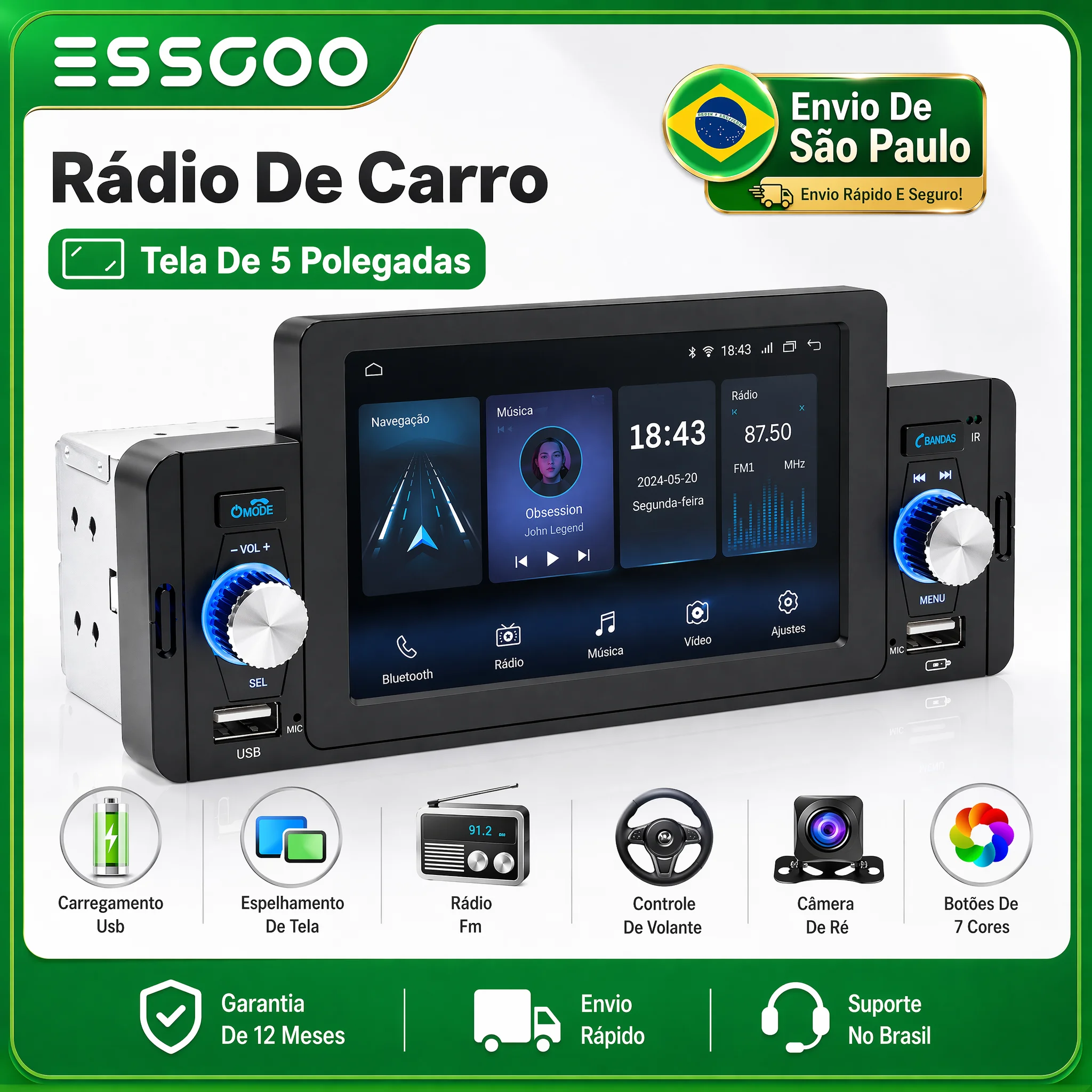 ESSGOO Rádio Automotivo 1Din Bluetooth MirrorLink FM