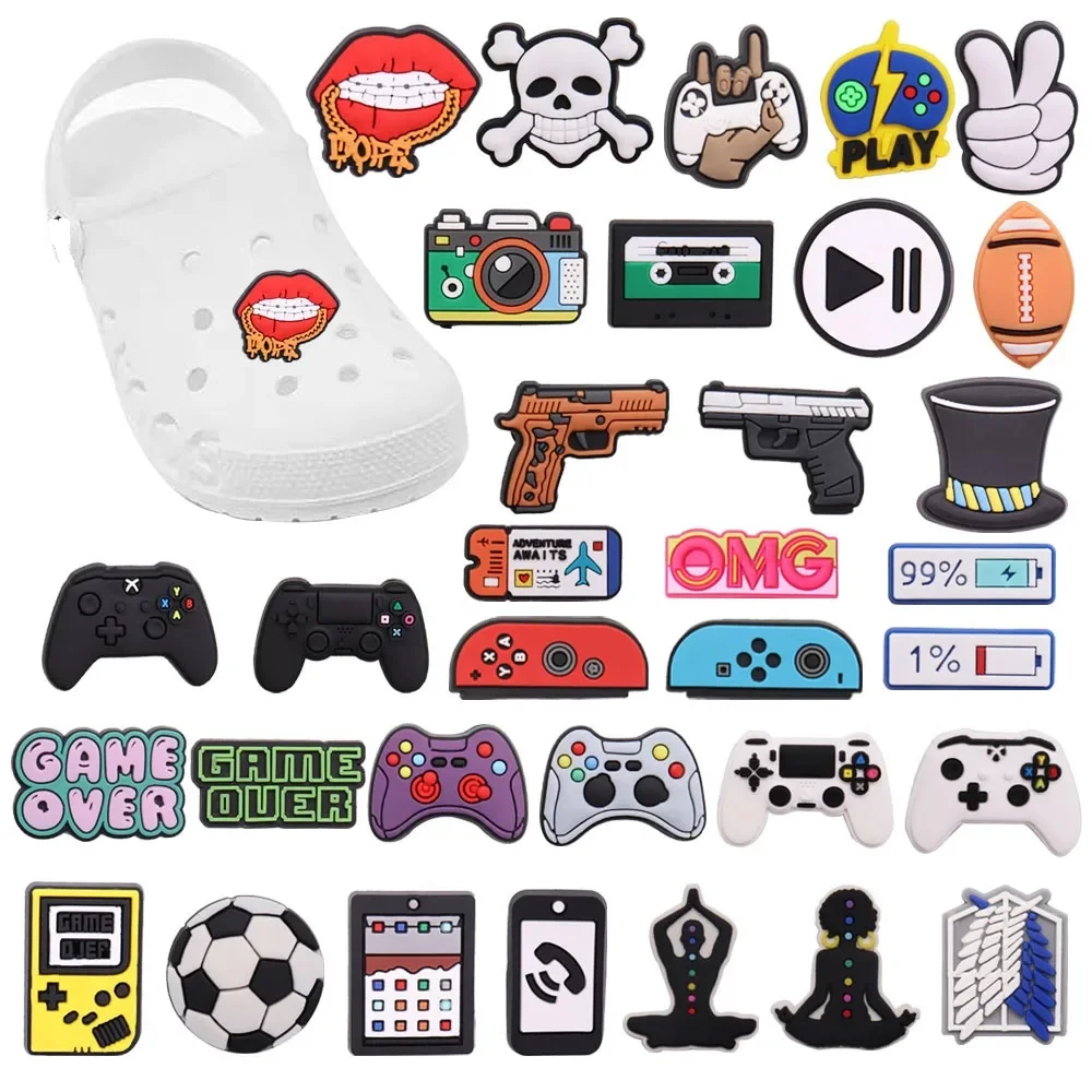 1pcs PVC Shoe Charms Wristbands Adventure Japan Anime Game Controller Gun Camera Tape Hole Slipper Decoration Shoe Accessories